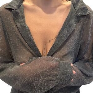 Oversized Gray Glitter Button Up